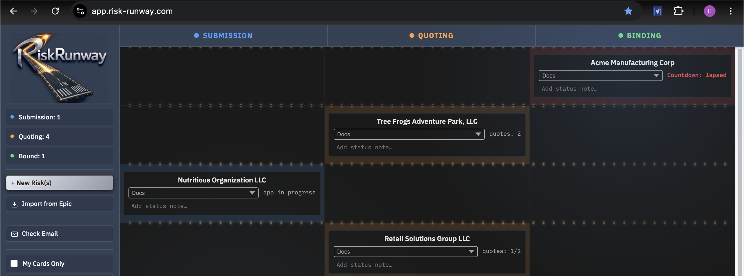 Risk-Runway kanban board tracking surplus lines submissions through pipeline stages from quote to bind